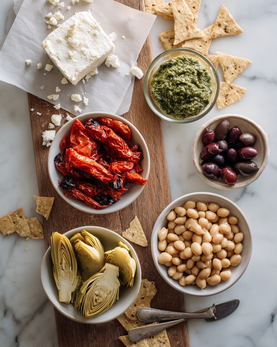 The image shows a wooden board on a white marbled surface holding several small white bowls with different foods. One bowl is full of smooth, tan beans, another has soft artichoke hearts in pale yellow and green shades, and a third holds bright red roasted peppers with dark char marks. There is a square block of white cheese on parchment paper at the top, and next to it a small wooden bowl with crumbly white cheese pieces. A small clear glass bowl contains a bright green pesto sauce with a grainy texture. Dark purple olives sit in a white square bowl at the top right. Scattered near the bowls are triangular light brown crackers with some crumbs around them. A silver knife is placed on the bottom right corner. The photo has soft, natural light and a clean, fresh look. Photo taken with an iphone --ar 4:5 --v 7