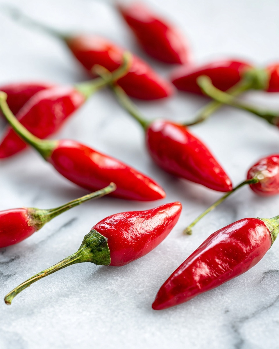 Several bright red small chili peppers with green stems are spread out on a white marbled surface. Each pepper has a shiny, slightly wrinkled texture, showing their fresh and natural look. The peppers are placed randomly, some closer and others farther away, creating depth with a soft blurred background. The lighting highlights the peppers’ vibrant red color and smooth surface. photo taken with an iphone --ar 4:5 --v 7
