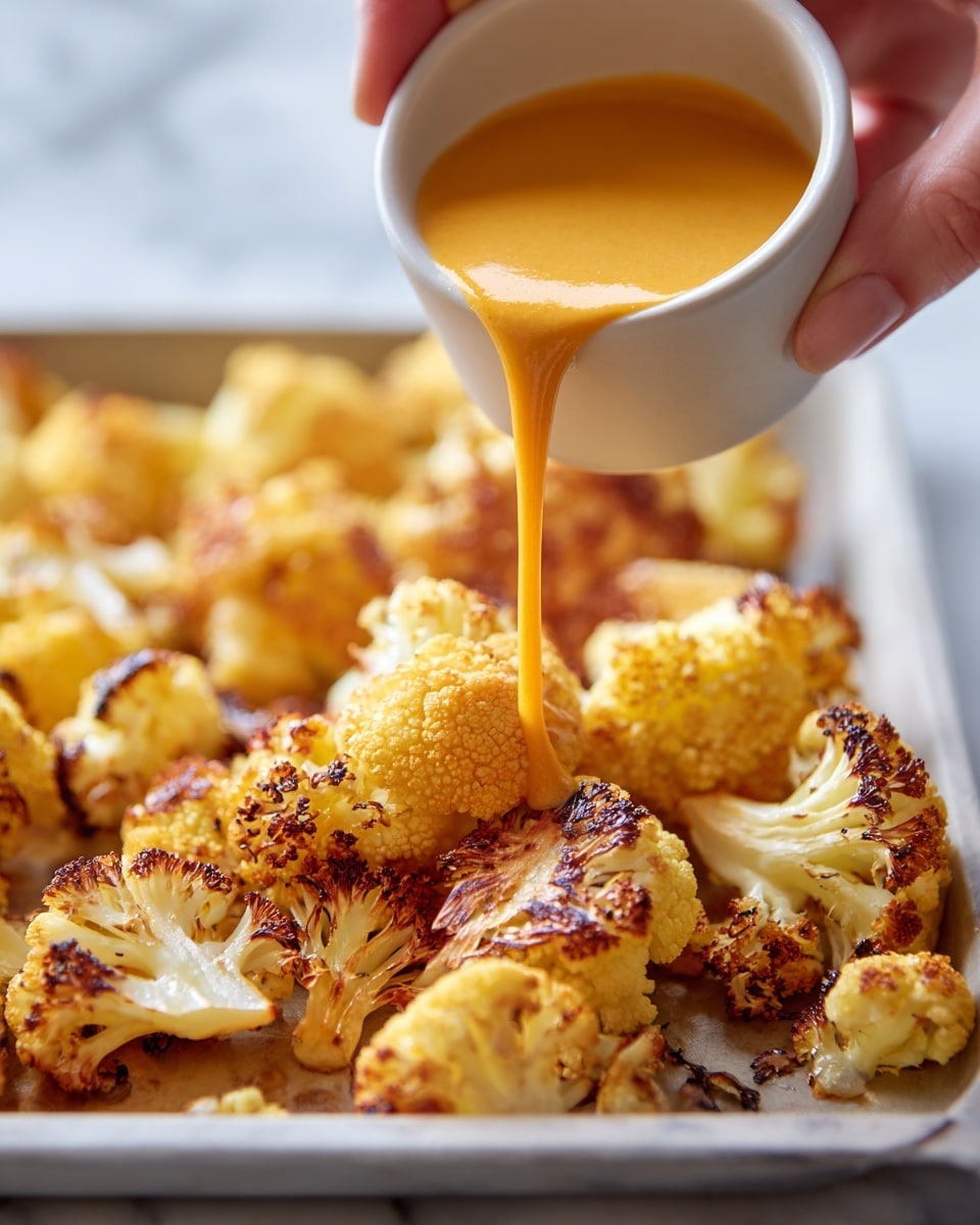 Roasted cauliflower pieces fill the whole frame, showing light golden-brown edges with some charred spots on the textured florets. A woman's hand pours a smooth, bright orange sauce from a small white cup over the cauliflower, and the sauce is flowing in a thin stream onto the warm roasted vegetables. All of this is set against a white marbled surface that is softly blurred in the background. photo taken with an iphone --ar 4:5 --v 7