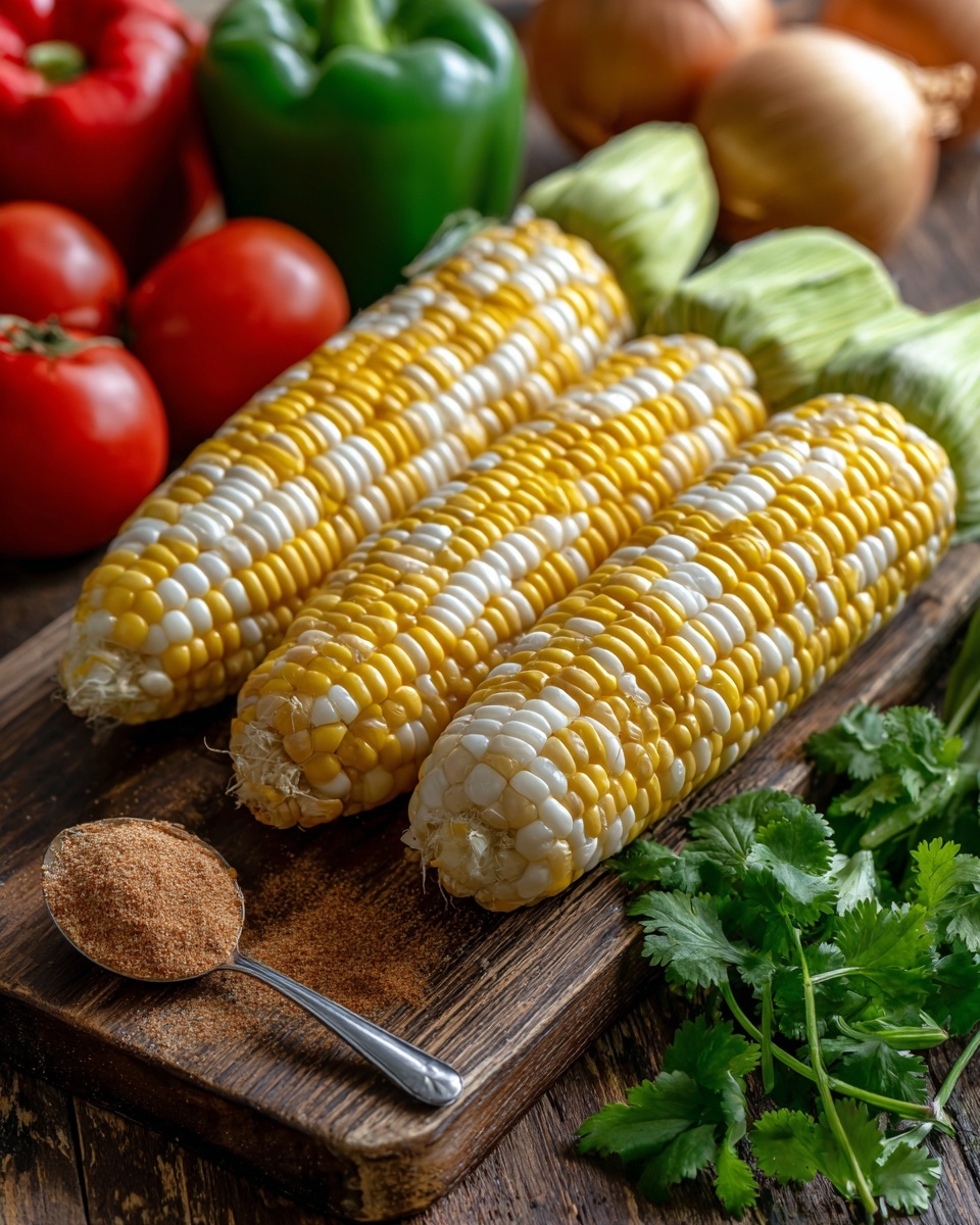 The image shows three ears of yellow and white corn placed diagonally on a wooden board, surrounded by fresh green bell pepper on the left, red tomatoes in the background, onions, and green stalks of corn still in their husks. There is a small metal measuring spoon filled with brown spice powder resting on the wooden board near a small pile of the same spice, with fresh green cilantro leaves at the bottom right corner. The overall scene is brightly lit, focusing on the corn with a soft blurred background. Photo taken with an iphone --ar 4:5 --v 7