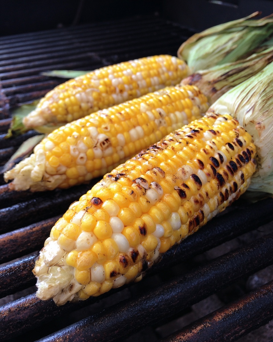 Three ears of corn are placed on a dark grill rack. The closest ear to the front has golden yellow and white kernels with some blackened spots showing it is grilled. The other two ears behind it have mostly bright yellow and white kernels without many black marks. The corn husk ends are still attached and appear light greenish white. Photo taken with an iphone --ar 4:5 --v 7