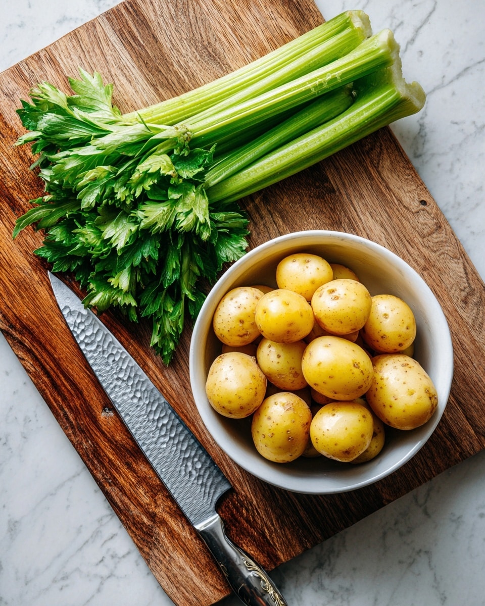 A big clear glass bowl holds separate piles of chopped ingredients: light green celery pieces on top, small white and purple onion bits on the left, pale green diced pickles below the onion, yellowish potato cubes on the right, and a white creamy dollop next to the potatoes. Two woman's hands are seen holding the bowl and a wooden spoon, ready to mix the ingredients. The bowl is set against a white marbled surface, and in the upper left corner there is a small white square dish with finely chopped green herbs. photo taken with an iphone --ar 4:5 --v 7