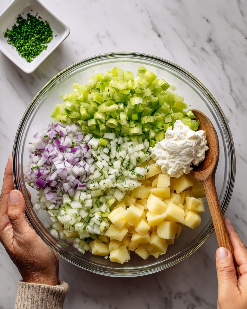 A white bowl full of small yellow potatoes with smooth skin sits on a wooden cutting board. Next to the bowl, fresh green celery stalks with leafy tops lay on the cutting board. A large silver knife with a textured handle lies near the celery. The scene is set on a white marbled surface. photo taken with an iphone --ar 4:5 --v 7