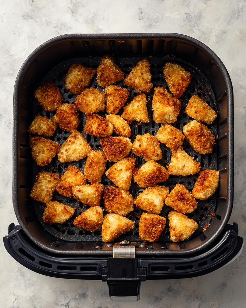 Inside a black air fryer basket with a perforated bottom, there are about 30 small, browned pieces of crispy cooked food scattered evenly across the basket floor. The pieces are irregular, triangular and chunky in shape, showing a rough, crunchy textured surface with a golden-brown color. The background and surface surrounding the air fryer are a white marbled texture. photo taken with an iphone --ar 4:5 --v 7
