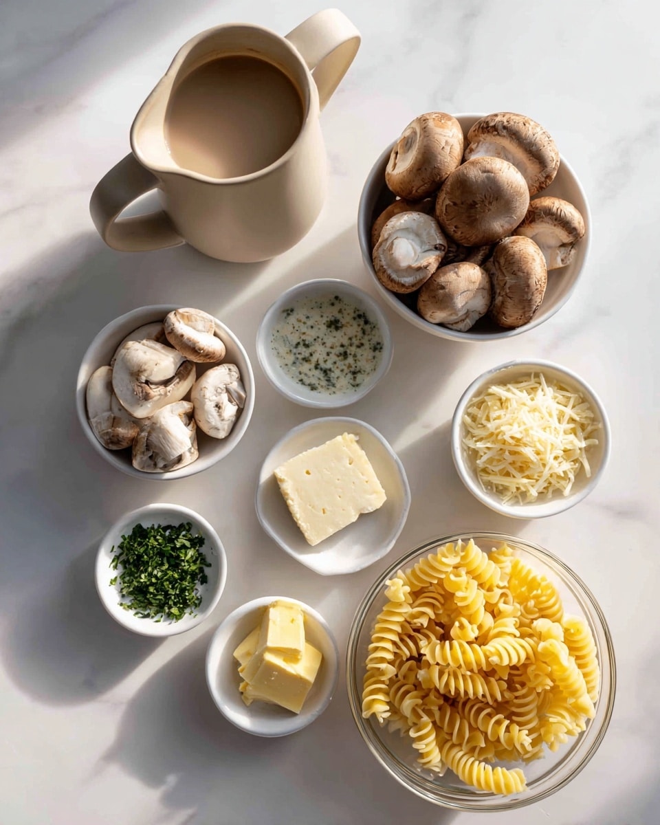 The image shows a group of ingredients arranged on a white marbled surface, including a large beige jug filled with a light brown liquid on the top left, a small white bowl filled with whole brown mushrooms on the bottom left, and a white bowl with sliced mushrooms just above it. In the center right, there are small white bowls containing different items: a creamy white sauce, chopped green herbs, minced light yellow garlic, yellow butter chunks, and grated pale yellow cheese. At the bottom right, a clear glass bowl holds tightly coiled yellow pasta spirals. Each item is neatly placed, and the scene has bright natural light. Photo taken with an iphone --ar 4:5 --v 7