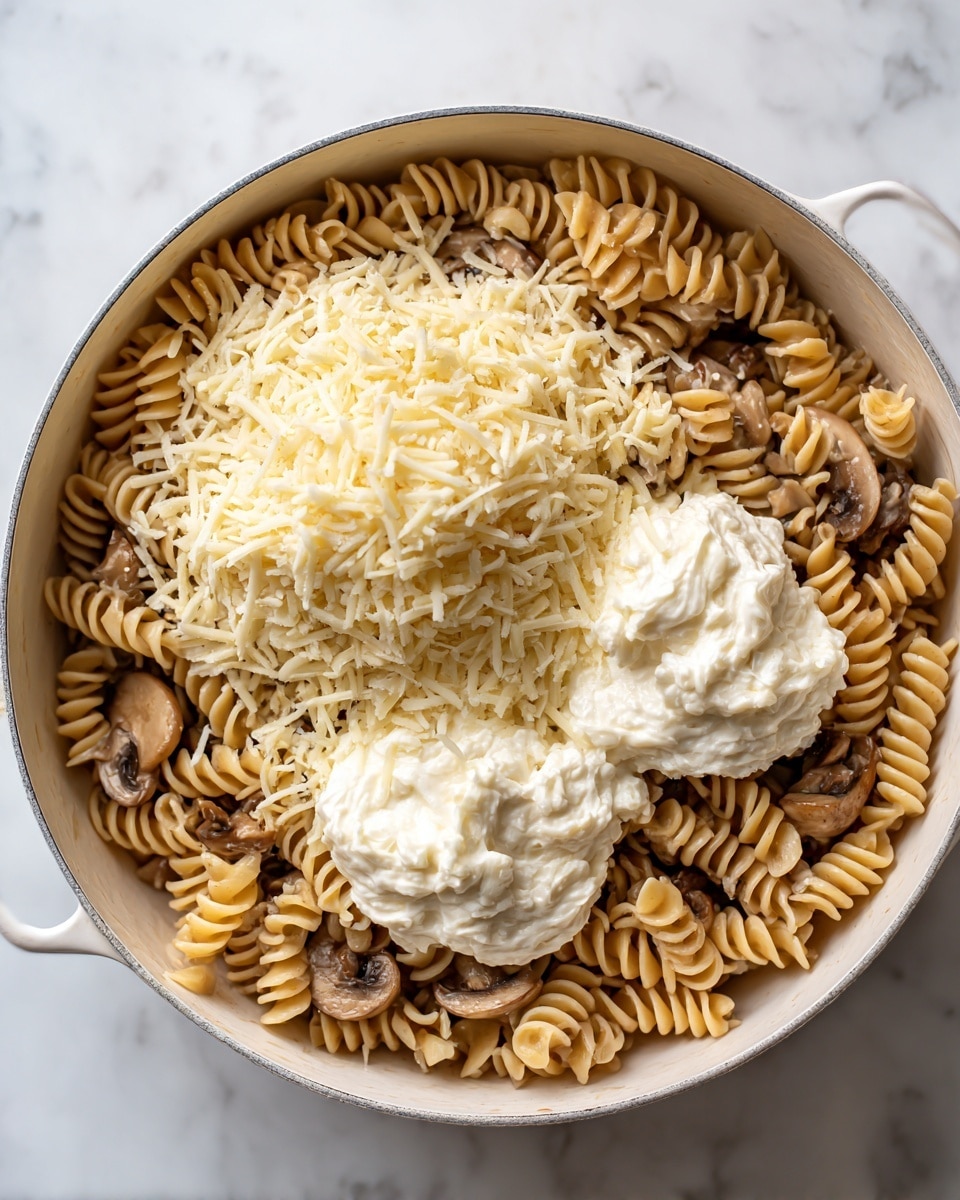 A white pot filled with spaghetti-shaped rotini pasta mixed evenly with sliced brown mushrooms, forming the base layer. On top, there are two dollops of thick white cream in the middle, surrounded by a generous layer of pale grated cheese sprinkled more densely on one side of the pot. The pot is set on a white marbled surface with soft natural lighting highlighting the texture of the pasta and creamy cheese. photo taken with an iphone --ar 4:5 --v 7