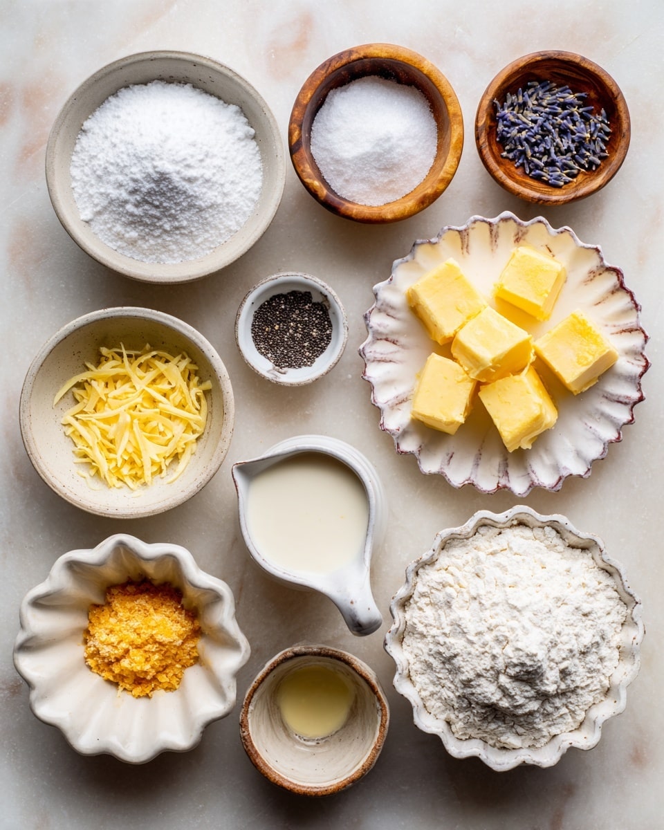 The image shows eleven small bowls and one measuring cup with different baking ingredients arranged roughly in a circle on a white marbled surface. At the center top is a small white bowl filled with powder sugar. Below it, slightly right, is a small white plate with red dots filled with yellow butter cubes. To the top right of the butter, there are two small wooden bowls, one with salt and the other with a white powder. Below them, a white bowl holds grated yellow lemon zest. A white measuring cup labeled 1/2 cup contains cream and is placed near the lemon zest and the butter plate. Bottom right corner shows a white fluted bowl filled with white flour. To its left, a small orange bowl has granulated sugar. Above the sugar is a small white cup filled with a thick liquid, possibly vanilla extract. To the left of the vanilla is a small white cup with poppy seeds, and above that, another small white cup contains dried lavender seeds. Lastly, near the bottom left corner, a small white bowl holds a clear liquid like oil. All items display clear textures and colors, neatly arranged, photo taken with an iphone --ar 4:5 --v 7