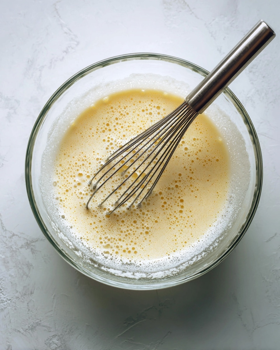 A clear glass bowl filled with a light yellow, frothy liquid mixture showing many small bubbles on the surface. Inside the bowl is a metal whisk with several thin wires partially submerged in the mixture. The bowl sits on a white marbled textured surface, giving a clean and bright look. photo taken with an iphone --ar 4:5 --v 7
