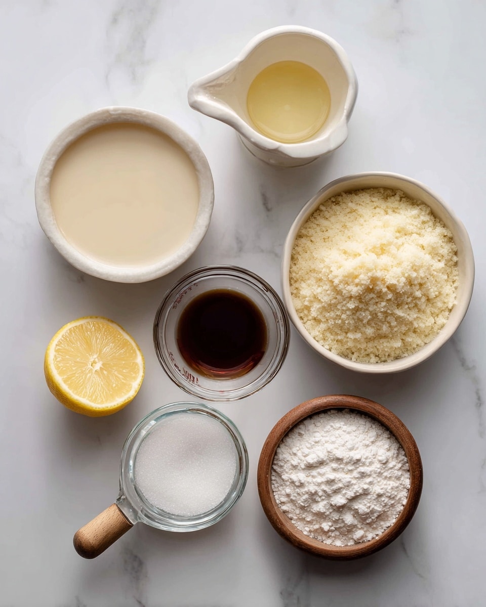 The image shows six small white bowls and containers arranged on a white marbled surface. From top right going clockwise, there is a white juicer with a lemon half being squeezed, a small white bowl with dark brown liquid, a clear glass measuring cup filled with a light beige liquid, a white bowl filled with a pale yellow powder with a crumbly texture, a small brown bowl filled with white granulated sugar, a clear small cup with a wooden handle holding a clear liquid, and a small wooden bowl filled with white powder that looks like cornstarch. The scene is clean and bright, with natural lighting. photo taken with an iphone --ar 4:5 --v 7