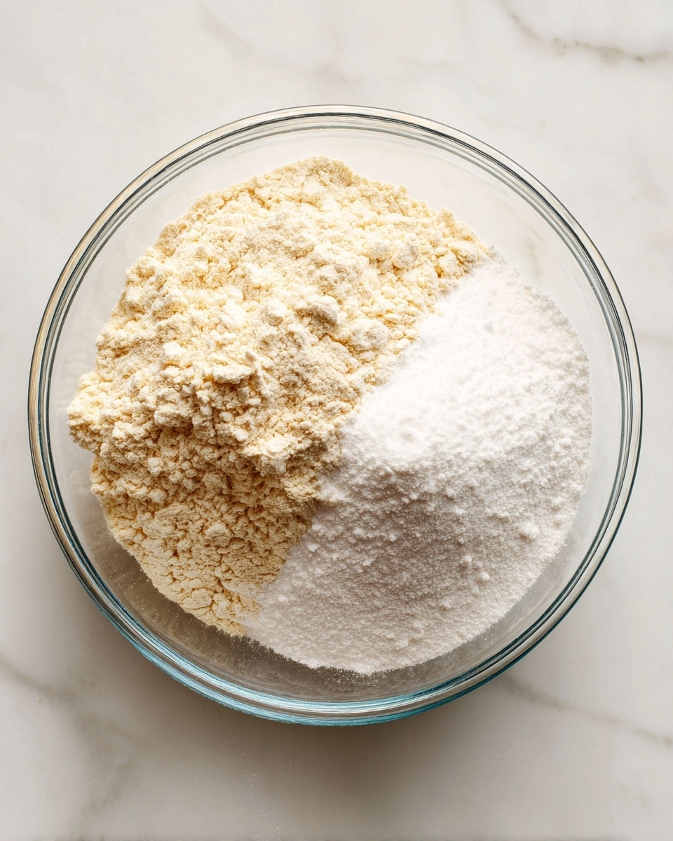A clear glass bowl sits on a white marbled surface, filled with three dry ingredients separated into sections. The bottom half of the bowl has a rough, light beige flour layer with a powdery texture. On the upper right side, a bright white fine sugar layer forms a smooth mound. The upper left side contains a very light beige powder that looks like baking powder or salt, slightly fluffy. The ingredients do not mix, clearly showing different textures and shades of off-white. photo taken with an iphone --ar 4:5 --v 7