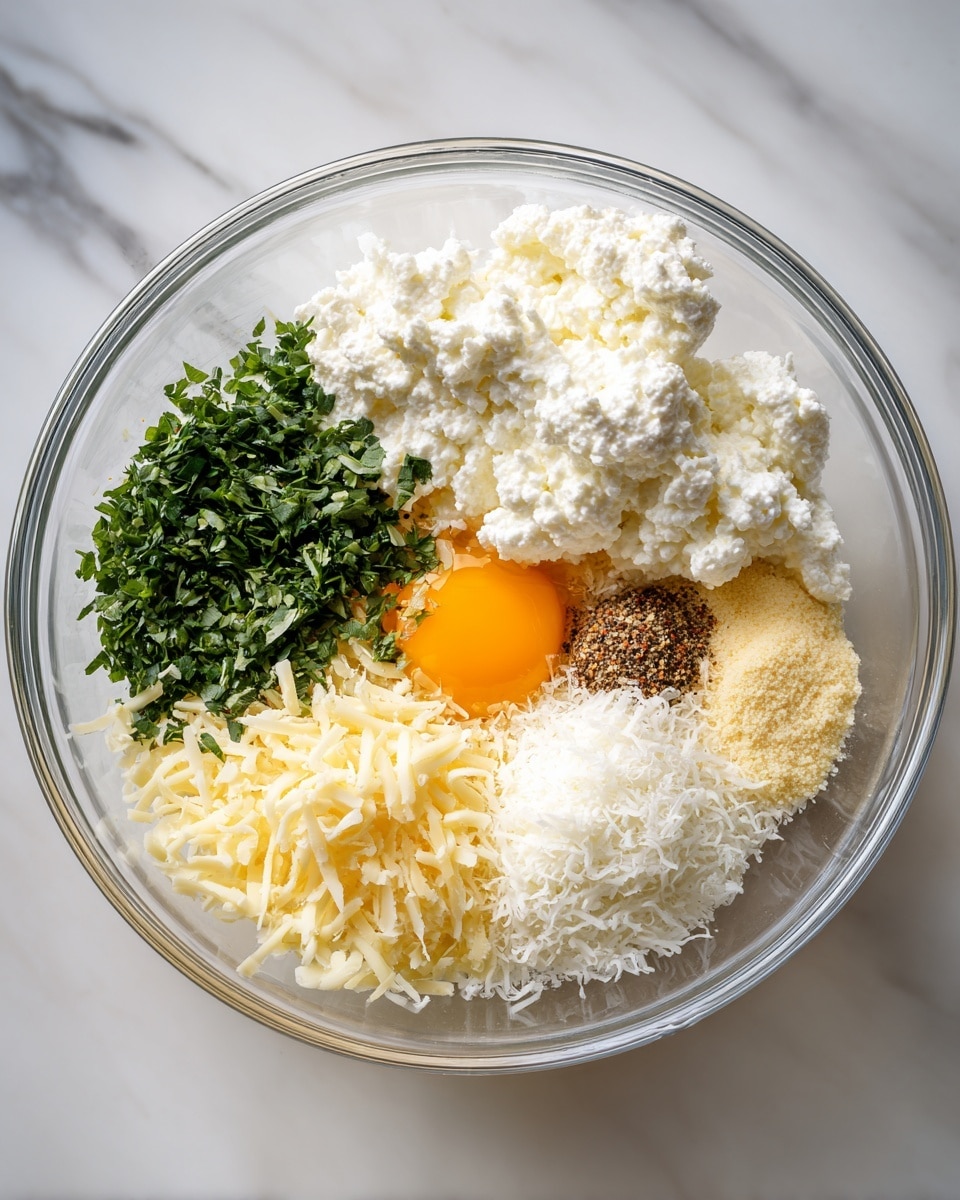 A clear glass bowl on a white marbled surface holds several ingredients arranged in separate sections. On the left is a mound of white ricotta cheese, next to it in the center is a bright orange raw egg yolk surrounded by a small amount of egg white. To the upper left, there is a pile of chopped green herbs. The upper right contains a small heap of coarse black pepper and a light brown spice. On the right side, there are two piles of cheese: the top one is shredded pale yellow cheese and below it is finely grated white cheese. The ingredients create a colorful mix that contrasts clearly with the transparent bowl and white marble surface photo taken with an iphone --ar 4:5 --v 7