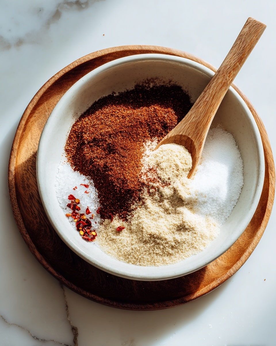 A white bowl sits on a round wooden tray, filled with several dry spices layered but not mixed. The bottom layer is a light beige powder, topped unevenly with a reddish-brown spice powder on one side, and white granulated sugar spread mostly on the other side. There are small red chili flakes scattered on the left side near the edge of the bowl, adding tiny pops of color. A small wooden spoon with a smooth light brown texture rests inside the bowl, lying across the spices at an angle. The background is a white marbled surface, with soft natural light illuminating the scene, creating a clean and simple look. photo taken with an iphone --ar 4:5 --v 7
