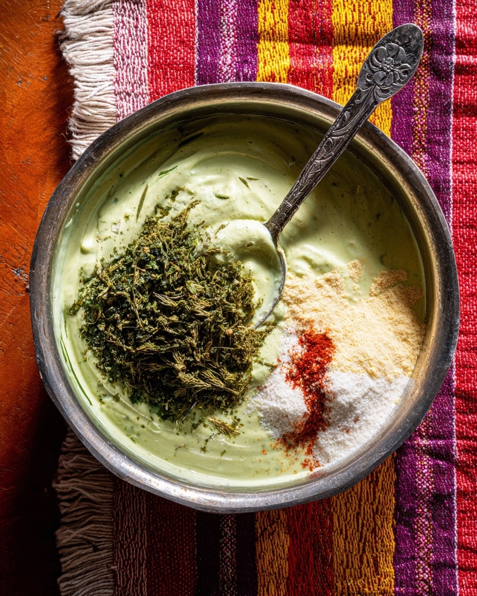 A metal bowl with a thick, pale green mixture inside sits on a colorful woven cloth with red, yellow, purple, and white stripes, placed over a wooden surface. On top of the green mixture, there is a pile of finely chopped dark green herbs on the left side, and a small mound of off-white powder with some red seasoning around it on the right side. A silver spoon with an ornate handle rests in the bowl, partly submerged in the mixture. The scene is brightly lit, showing the creamy texture of the green mixture and the layered ingredients clearly. Photo taken with an iphone --ar 4:5 --v 7