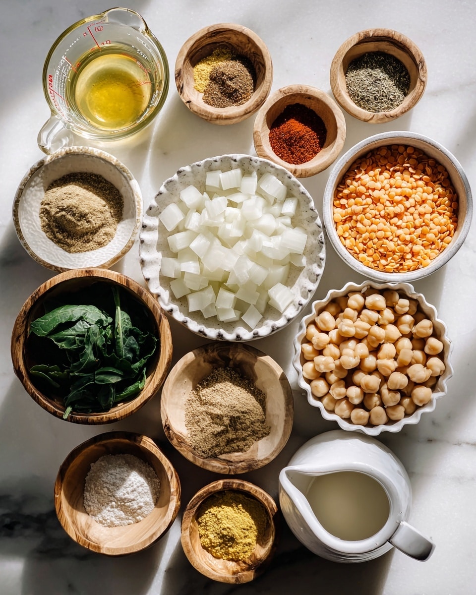 The image shows 11 small white and wooden bowls arranged on a white marbled surface, each filled with different ingredients. In the center, a white bowl holds diced white onions, surrounded by a bowl of orange lentils to the right and a scalloped white bowl full of beige chickpeas below it. A green leafy vegetable sits in a white bowl at the bottom left. A clear glass measuring cup with a yellow liquid is near the center left. Smaller white and wooden bowls hold spices like ground cumin, chili powder, black pepper and salt mix, minced garlic cloves, and a mustard-yellow powder. A white bowl with a pouring spout contains a creamy white liquid near the top right. The lighting is soft and natural, showing all the textures clearly. photo taken with an iphone --ar 4:5 --v 7
