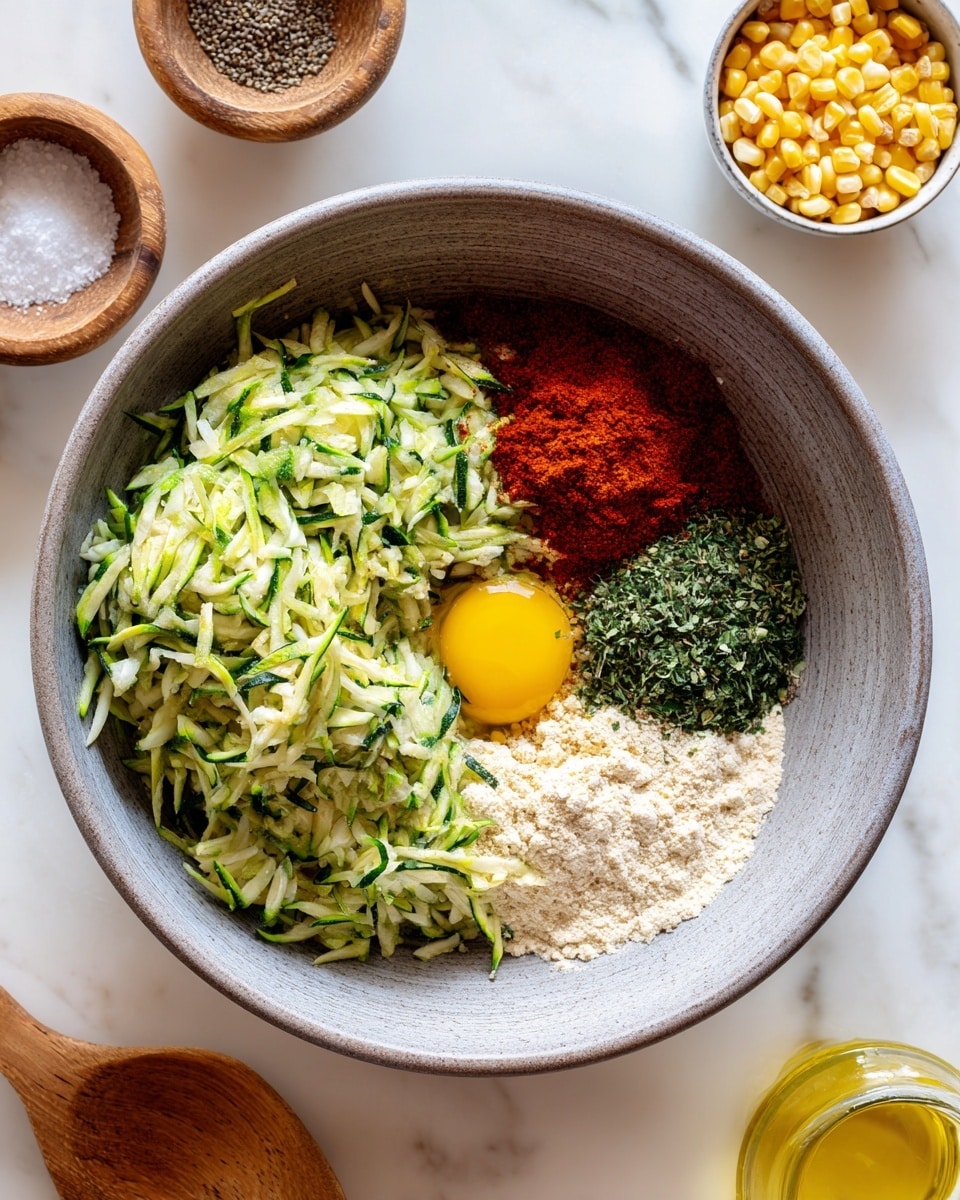 In a large gray mixing bowl placed on a white marbled surface, there are several distinct layers of ingredients. On the left side, there is a mound of shredded green zucchini with visible dark green skin bits, showing a moist and textured surface. To the right of the zucchini, there is a mound of bright red paprika powder next to a small pile of finely chopped dark green herbs. Below these powders, there is a raw egg yolk sitting on top of a light tan powder, likely breadcrumbs, with some of the egg white spreading out. Surrounding the bowl are small wooden and white bowls, one with a mix of salt and ground pepper, another with golden yellow corn kernels, and a small glass container of yellow oil. Photo taken with an iphone --ar 4:5 --v 7