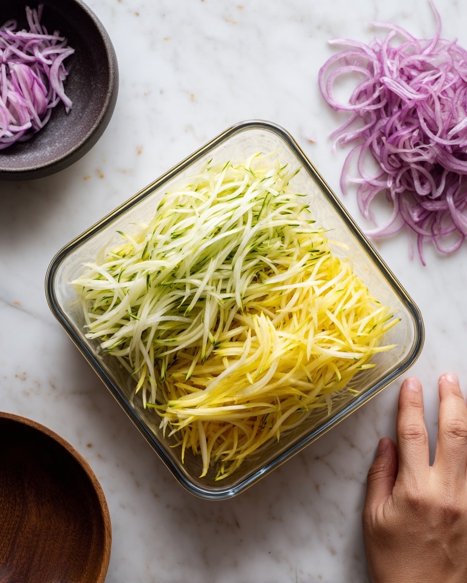 The image shows a clear glass square dish filled with two layers of thinly sliced vegetables: the bottom layer is bright yellow sticks, and the top layer is light green sticks placed evenly over the yellow. To the right, a woman's hand is resting on a white wooden surface next to small piles of finely sliced red onion and some purple slices. A small part of a dark round bowl is visible on the left side of the dish. The entire scene is set on a white marbled surface. Photo taken with an iphone --ar 4:5 --v 7