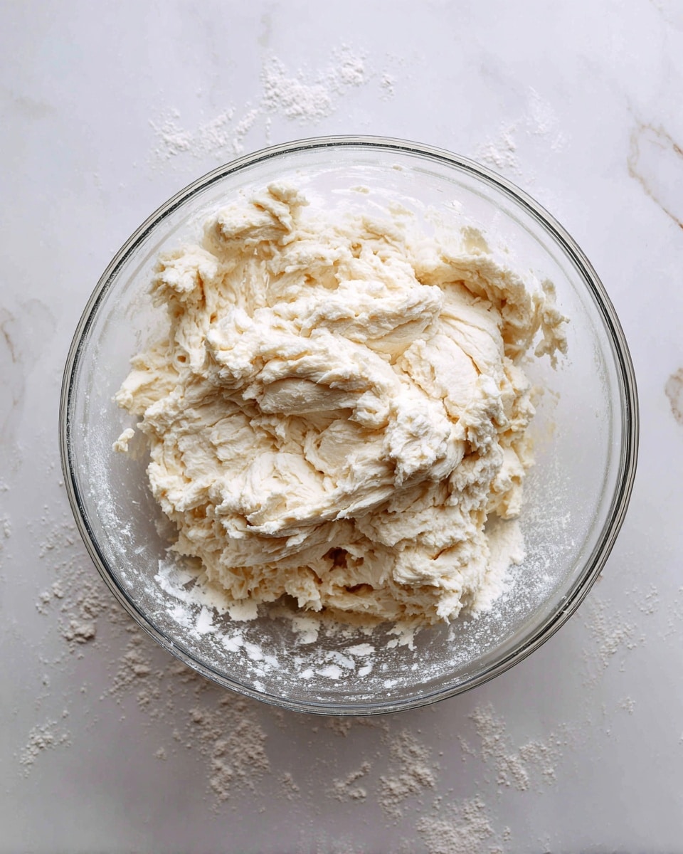 A clear glass bowl filled with sticky, pale off-white dough that looks uneven and rough, sitting on a white marbled surface dusted with some flour around the bowl edges. The dough has thick, clumpy layers with a slightly wet texture and irregular folds, giving a soft, stretchy look. photo taken with an iphone --ar 4:5 --v 7