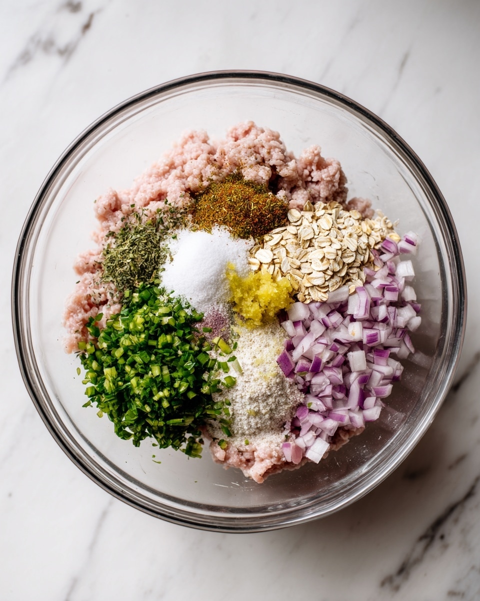 A clear glass bowl on a white marbled surface holds layers of ingredients ready to mix. The bottom layer is light pink ground meat spread evenly around the bowl's edge. On top of this, there are finely chopped purple onions and bright green chopped herbs scattered around. Centered on the mixture are small heaps of various spices: coarse white salt, light yellow powder, dark brown powder, and light brown rolled oats. There are also two small dollops of pale yellow grated ginger placed among the spices. The overall look is colorful and fresh with a mix of soft and coarse textures. photo taken with an iphone --ar 4:5 --v 7