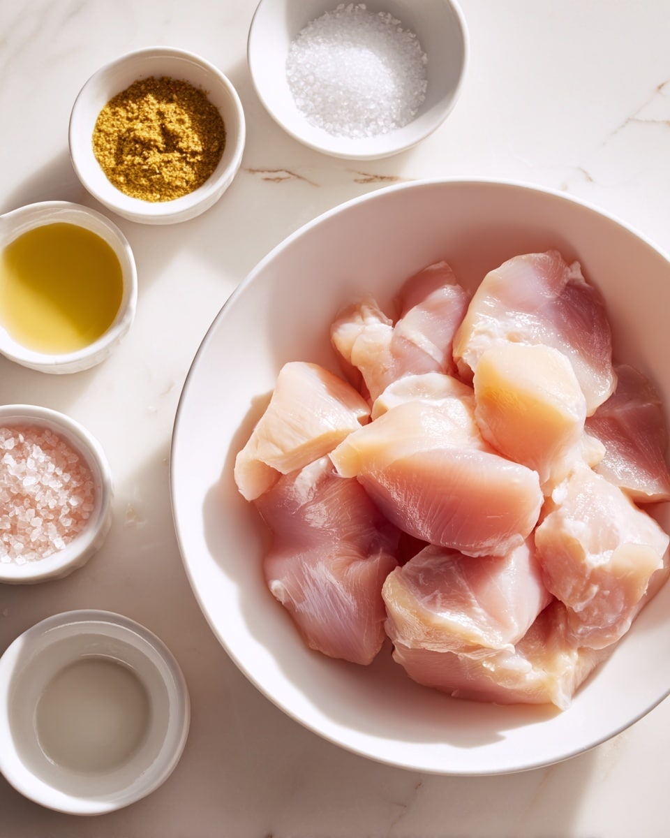 A white bowl filled with raw, pale pink pieces of chicken, showing a smooth and slightly shiny texture. Around the bowl, there are four small white bowls arranged on a white marbled surface, each containing different ingredients: one has a yellow mustard-like paste, another holds coarse salt, the third contains a white liquid, and the last one appears empty or with a small amount of a powdery ingredient. The scene is well lit, focusing on the fresh chicken and the surrounding bowls. photo taken with an iphone --ar 4:5 --v 7