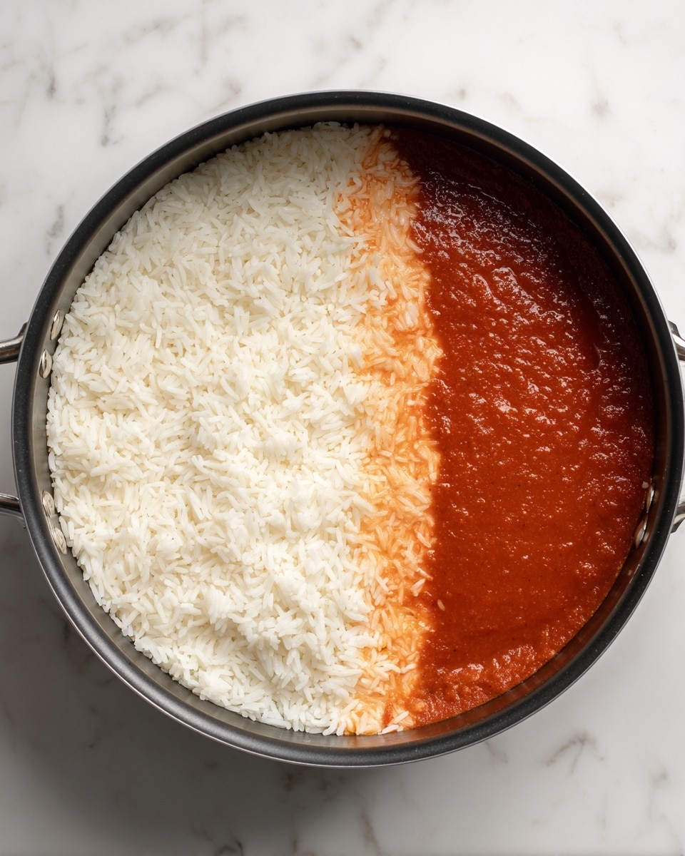 The image shows two side-by-side photos inside a black cooking pot on a white marbled surface. The left photo has a bottom layer of white rice spread evenly inside the pot with its soft texture visible. The right photo shows the same rice layer at the bottom with a smooth, bright red sauce spread over half of the rice on the right side, creating a clear contrast between the white rice and red sauce. Photo taken with an iphone --ar 4:5 --v 7