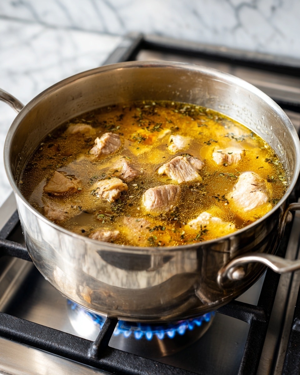 A shiny silver pot filled with clear golden broth with small floating herbs and spices, and chunks of light yellow and beige meat inside. The pot is on a gas stove with blue flames visible below, all set on a white marbled surface in the background. The meat pieces vary in size, scattered in the liquid, while the broth’s surface has a slight oily sheen. photo taken with an iphone --ar 4:5 --v 7