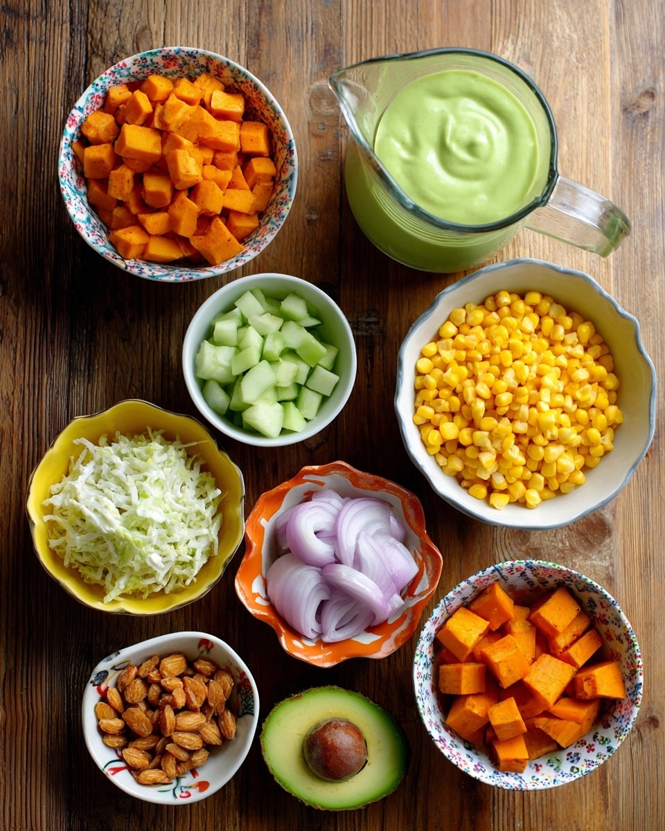 A clear glass dessert cup with a decorative base holds a layered salad featuring bright green peas, orange carrot cubes, light beige slices, and translucent light purple onion rings, topped with a chunky green sauce being poured from a glass jug held by a woman's hand above. The scene is set on a white marbled surface with a dark, blurred background. Additional similar glass cups with the same salad are seen in the background, along with a small white bowl with an orange outer side. photo taken with an iphone --ar 4:5 --v 7