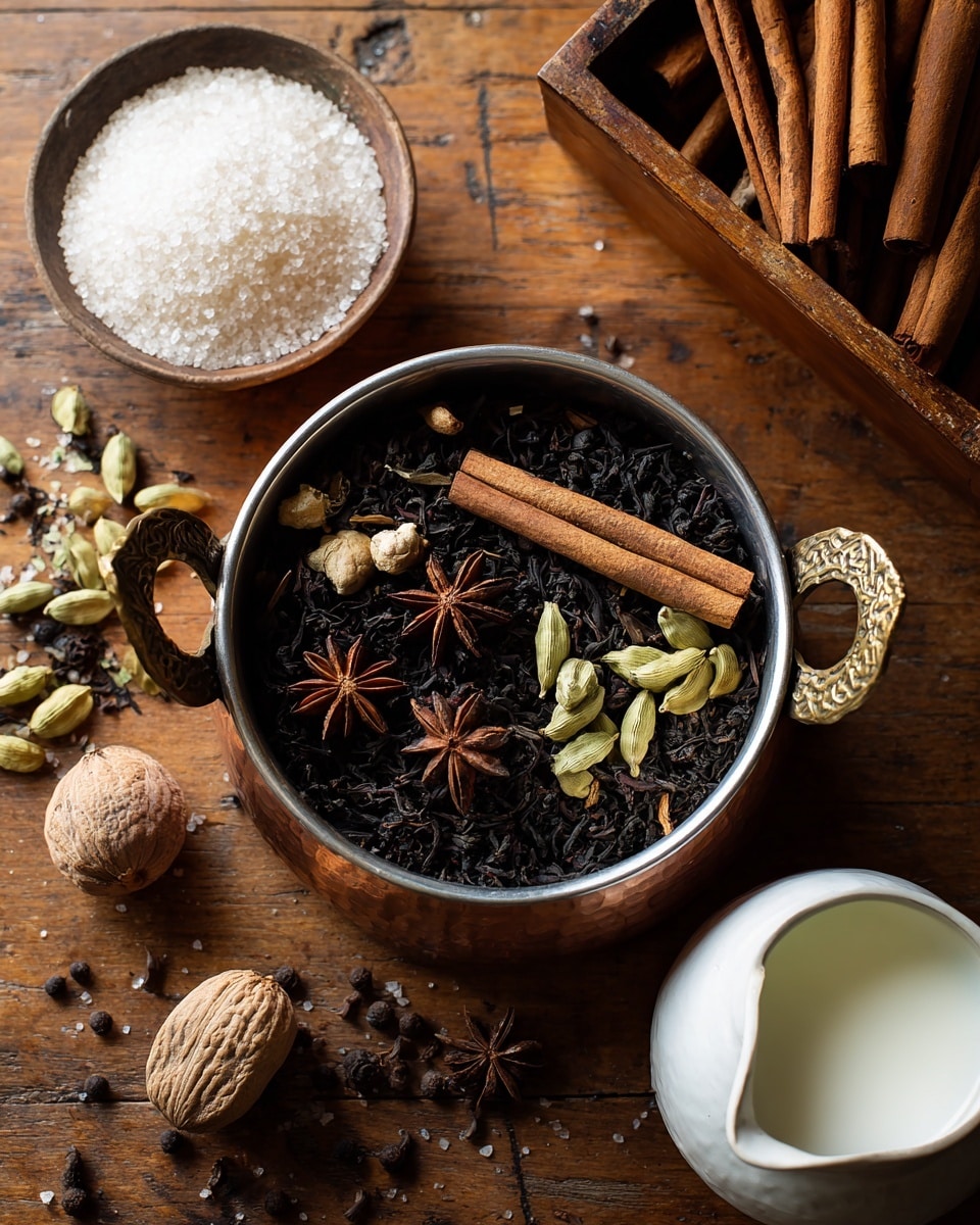 A close-up view of a small copper pot with two handles filled with layers of loose black tea leaves, whole cardamom pods, star anise, dried ginger piece, a halved nutmeg, and two large cinnamon sticks resting on top, all on a wooden surface scattered with a few more cardamom pods and star anise. Surrounding the pot are a small bowl full of white granulated sugar, a white ceramic pitcher filled with milk at the bottom right, and a wooden container holding additional cinnamon sticks on the top right. Photo taken with an iphone --ar 4:5 --v 7