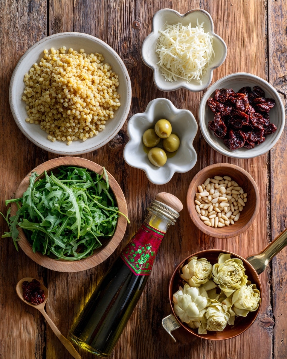 The image shows a wooden table with various ingredients arranged neatly. On the top left, there is a white plate filled with cooked golden-brown grains. To the right, a small white bowl contains shredded white cheese, and next to it is another white bowl with dark red sun-dried tomatoes. Below the grains, a small white flower-shaped bowl holds green olives, and in the middle, there is a small beige bowl with golden olive oil. A tall dark green bottle of olive oil with a red and green cap lies horizontally near the center. At the bottom left, a wooden bowl is filled with fresh bright green arugula leaves. To the right of the arugula, a small wooden bowl contains light tan pine nuts with a little wooden spoon inside. On the far right, a small copper bowl with handles holds pale yellow artichoke hearts. The surface is a wood table with dark natural cracks. photo taken with an iphone --ar 4:5 --v 7