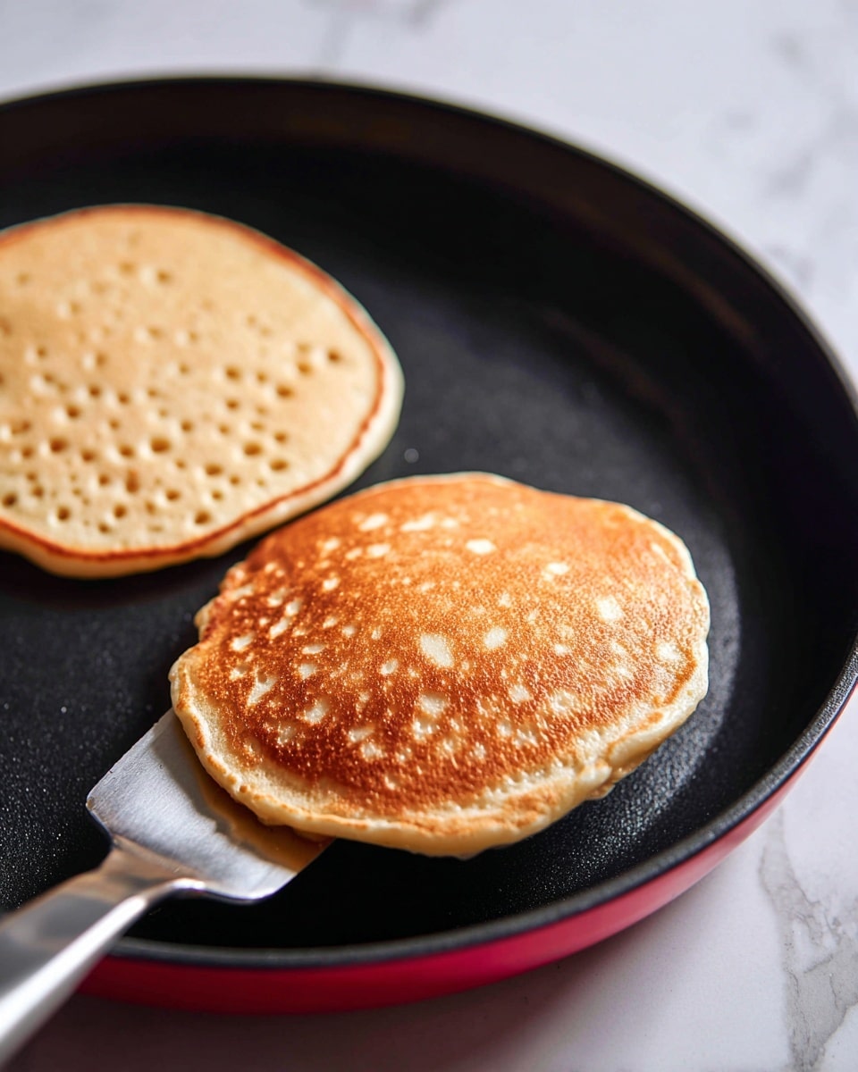 A close-up view shows two pancakes cooking on a black skillet with a red outer rim. One pancake is flat on the pan with a light golden brown surface dotted with small holes, while the other pancake is slightly thicker and being lifted by a metal spatula. The lifted pancake has a golden brown top with a bubbly texture and uneven edges, showing a soft, light interior on the side. The skillet sits on a smooth surface with a white marbled texture in the background. photo taken with an iphone --ar 4:5 --v 7