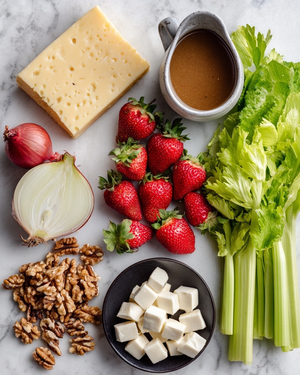 The image shows a spread of fresh ingredients on a white marbled background. On the top left, there is a wedge of light yellow cheese with a rough texture. Next to it, there is a small gray sauce boat filled with a brown liquid dressing. To the right, there is a bunch of bright green lettuce leaves, and below that, a cluster of seven red strawberries with green stems. Near the center, there is a half of a red onion showing light purple and white layers. On the bottom left, a pile of brown walnut pieces is scattered. At the bottom center, a small black bowl holds white cubed cheese with a smooth texture. On the right side, three stalks of fresh celery with light green leaves rest next to the bowl. Photo taken with an iphone --ar 4:5 --v 7