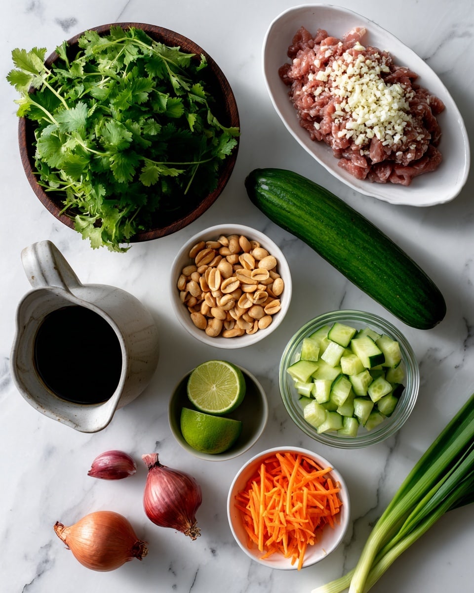 The image shows an arrangement of fresh ingredients on a white marbled surface. At the top right, there is a white oval dish with a layer of raw meat covered with minced garlic. To the left of it is a small white bowl filled with bright green cilantro leaves. Below these, in the center, is a long whole cucumber, and next to it on the right, a clear bowl with diced cucumber pieces. Below the cucumber is a whole lime and two lime halves placed nearby. Underneath the limes, there is a small bowl of thin orange carrot strips. At the bottom left, a light gray jug holds a dark brown liquid, placed next to a small white plate full of whole peanuts. To the left, a dark wooden bowl holds a generous layer of green arugula leaves. On the far right, two green onions lie with their white roots showing. Two red shallots are placed near the bottom left corner of the image. The overall setup is neat and colorful with a focus on fresh, raw ingredients. photo taken with an iphone --ar 4:5 --v 7