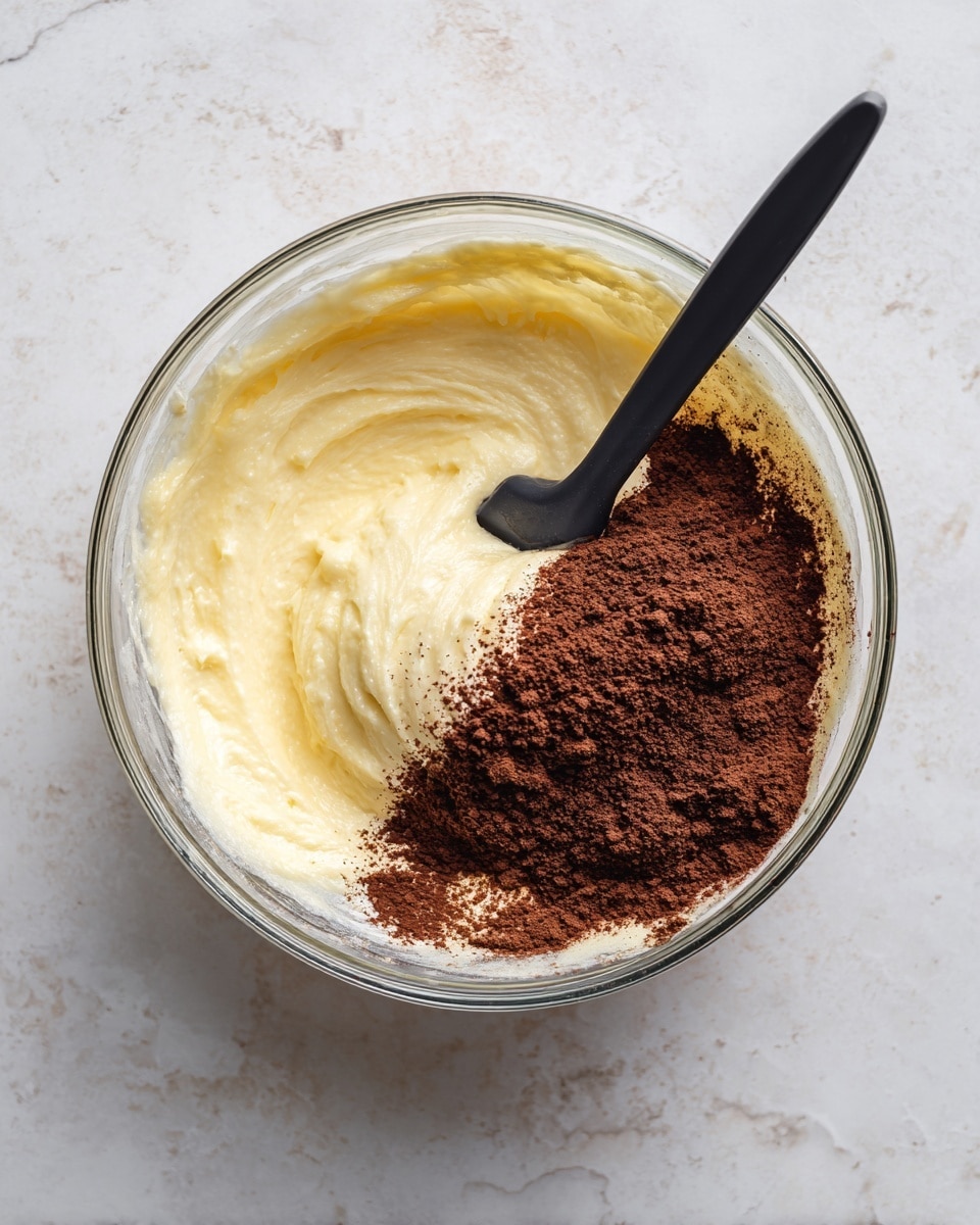 A clear glass bowl sits on a white marbled surface, filled halfway with a thick, creamy light yellow batter. On one side of the batter, there is a layer of fine, dark brown powder evenly spread, looking like cinnamon or cocoa. A black spatula rests inside the bowl, with its blade partially lifting the creamy batter, showing a smooth, creamy texture. The overall scene shows the mix ready to be blended, with the bowl’s clear glass revealing the texture and layers inside. Photo taken with an iphone --ar 4:5 --v 7