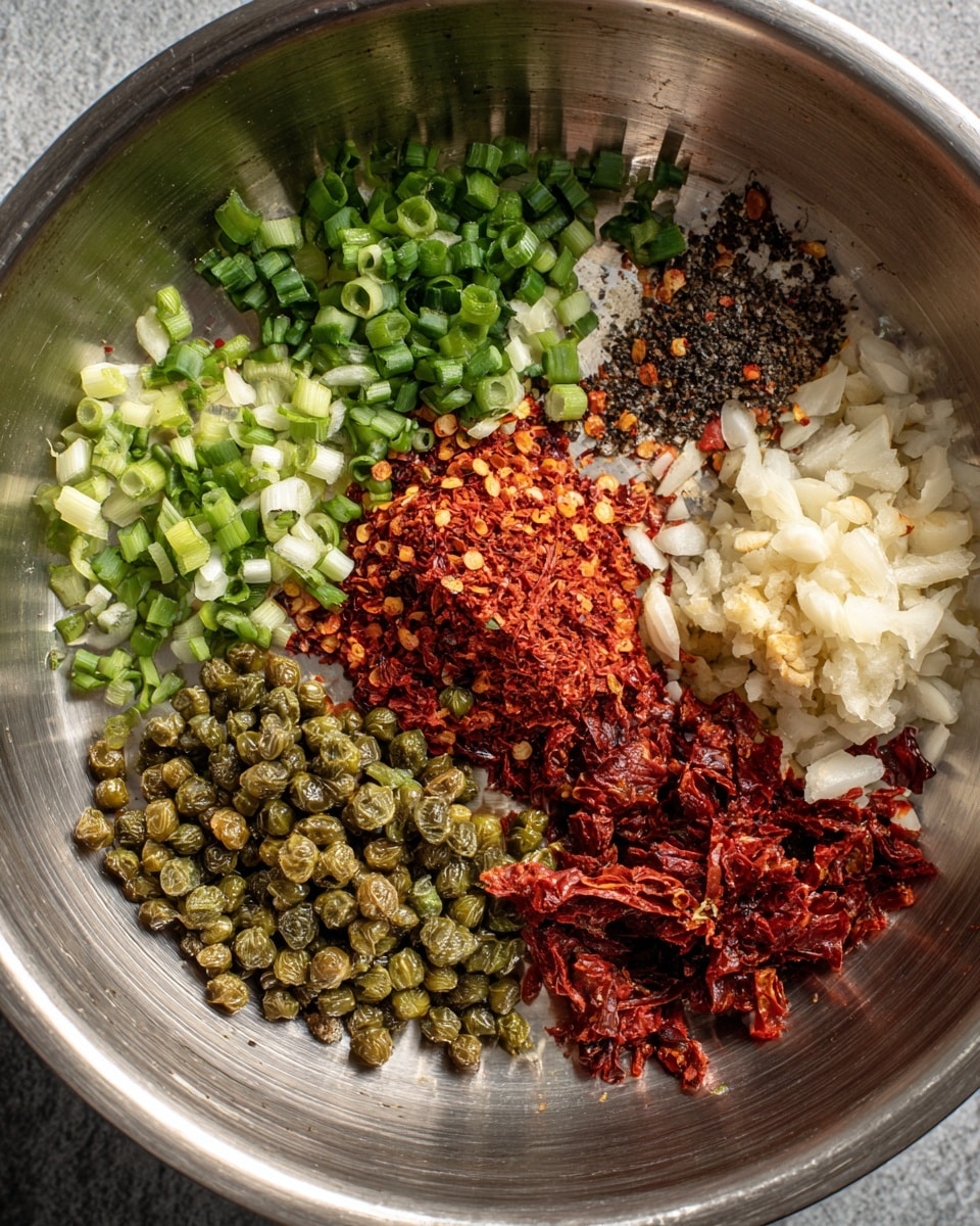 The image shows a round silver pan with different ingredients placed separately inside it. There are finely chopped green onions scattered around the edges, along with black pepper and red chili flakes in small piles near the top. A white chopped ingredient, likely garlic, is on the right side. In the center, there is a heap of crushed red dried tomatoes or peppers. On the bottom left, there is a cluster of small, green capers. The ingredients create a colorful and textured mix inside the pan, all visible clearly against the shiny metal surface. Photo taken with an iphone --ar 4:5 --v 7