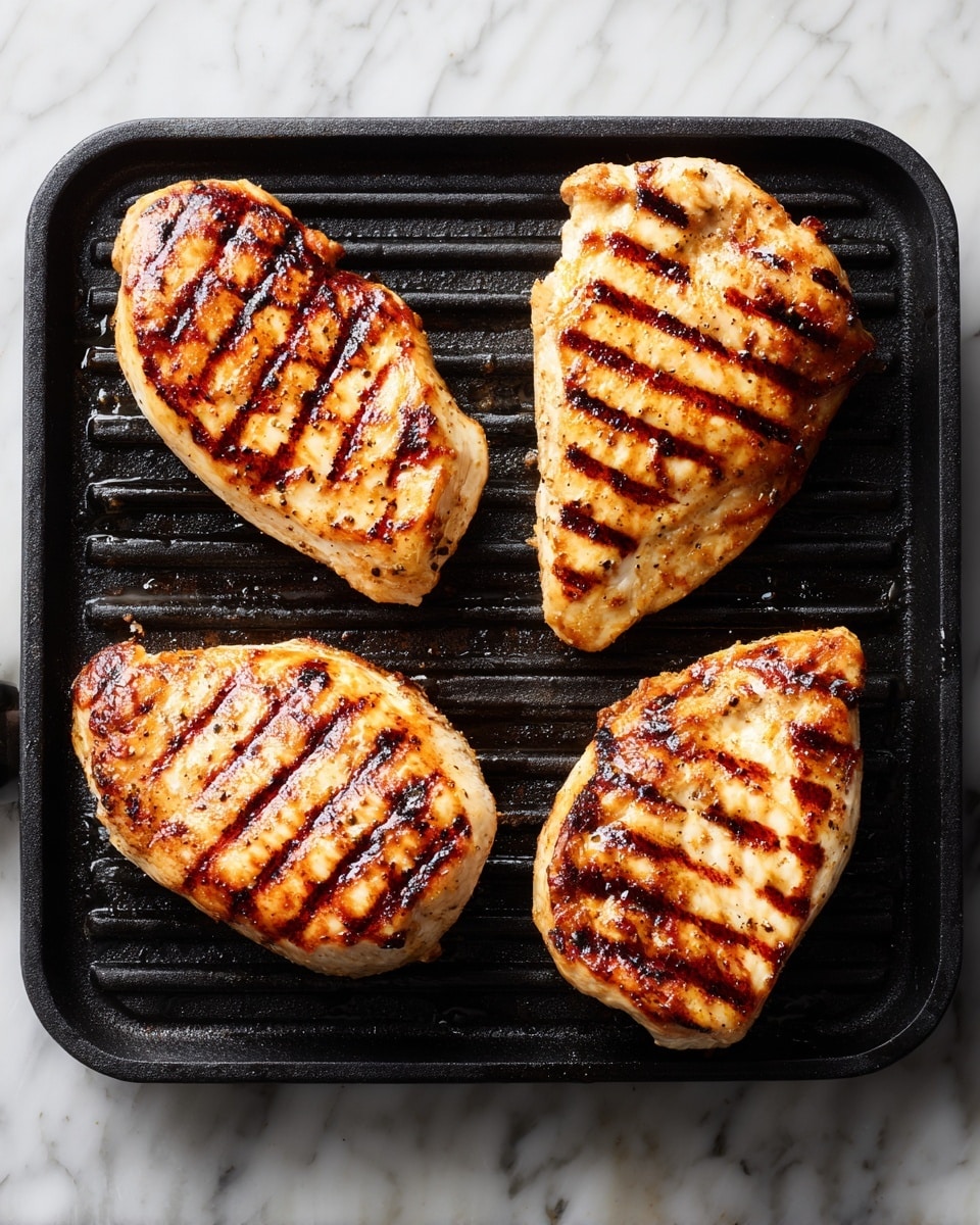 Four grilled chicken pieces are placed evenly on a black grill with visible grill lines. Each piece has clear dark brown grill marks running parallel across the light golden brown meat, showing a slightly charred texture on the surface. The pieces are arranged in a square pattern with space between them, highlighting their juicy and cooked appearance. The background is a white marbled texture. photo taken with an iphone --ar 4:5 --v 7
