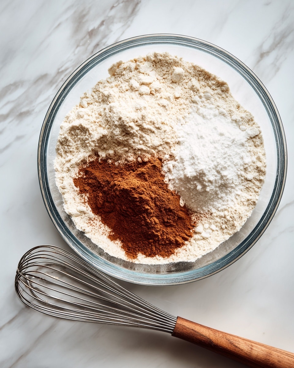 A clear glass bowl holds three layers of dry ingredients on a white marbled surface: a large mound of off-white flour, a smaller heap of pure white baking powder or sugar slightly overlapping the flour, and a medium-sized pile of brown cinnamon powder sitting on top of the flour near the edge. Next to the bowl is a shiny silver whisk with a wooden handle. Photo taken with an iphone --ar 4:5 --v 7