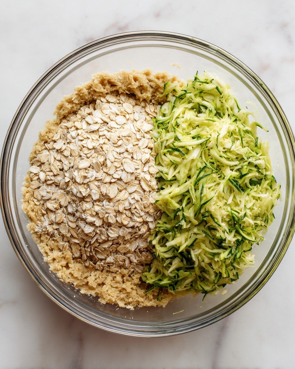 In a clear glass bowl placed on a white marbled surface, there are three main layers of ingredients. On the left side, a large pile of light beige rolled oats with rough texture fills about a third of the bowl. On the right side, bright green shredded zucchini with a fresh, moist texture is heaped high, covering another third of the bowl. Underneath and visible around the edges, there is a tan, creamy dough mixture with a slightly grainy texture. The three layers sit side by side without mixing, showing a clear contrast in colors and shapes. Photo taken with an iphone --ar 4:5 --v 7